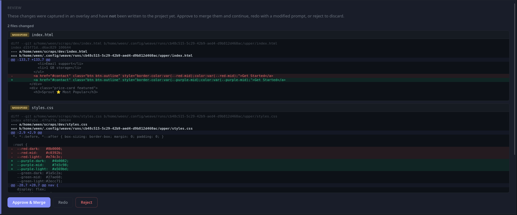 OverlayFS diff review — inspect every change before it touches your files